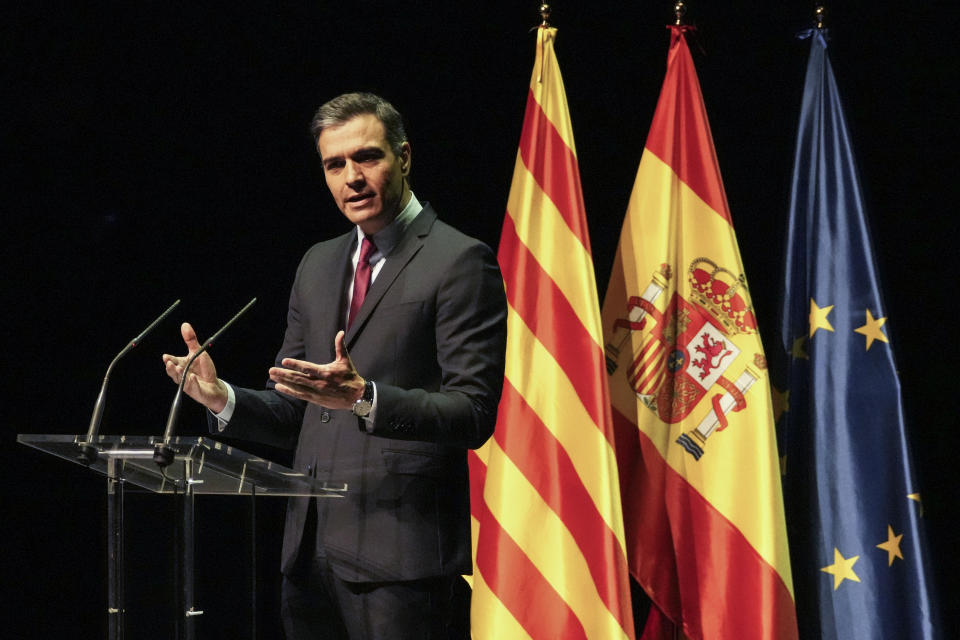 Spain's prime minister Pedro Sanchez delivers a speech at the Gran Teatre del Liceu in Barcelona, Spain, Monday, June 21, 2021. Sanchez's said Monday that the Spanish Cabinet will approve pardons for nine separatist Catalan politicians and activists imprisoned for their roles in the 2017 push to break away from Spain. (AP Photo/Emilio Morenatti)