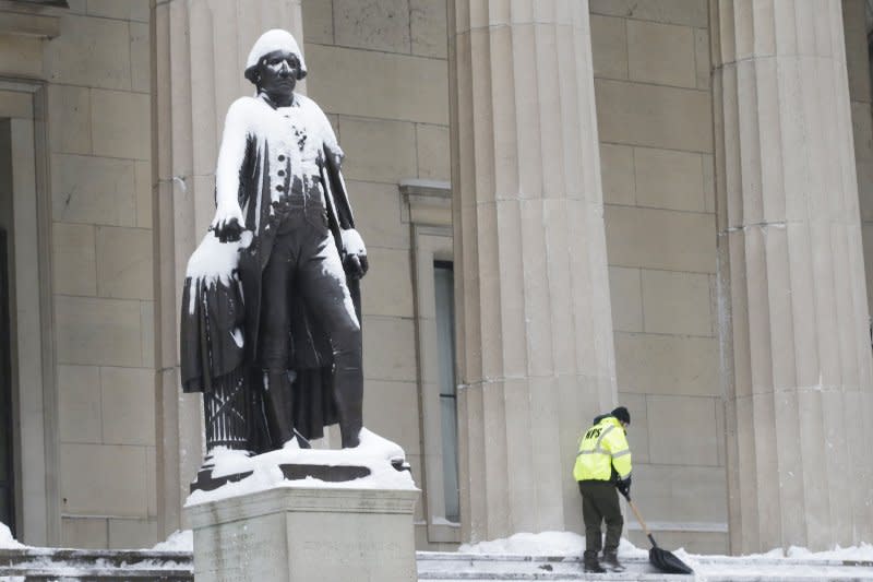 A statue of former President George Washington is covered in snow outside of Federal Hall in New York City on January 4. On February 4, 1789 Washington was elected president and in 1792 he was re-elected. Photo by John Angelillo/UPI