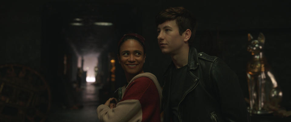 (L-R): Makkari (Lauren Ridloff) and Druig (Barry Keoghan) in Marvel Studios' ETERNALS. Photo courtesy of Marvel Studios. ©Marvel Studios 2021. All Rights Reserved.<span class="copyright">Courtesy of Marvel Studios—©Marvel Studios 2021. All Rights Reserved.</span>