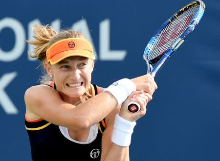 Aug 9, 2017; Toronto, Ontario, Canada; Ekaterina Makarova of Russia plays a shot against Johanna Konta of Great Britain (not pictured) during the Rogers Cup tennis tournament at Aviva Cen tre. Mandatory Credit: Dan Hamilton-USA TODAY Sports