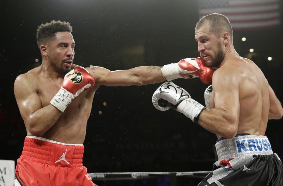 Andre Ward, left, lands a punch in his June win over Sergey Kovalev. (AP)