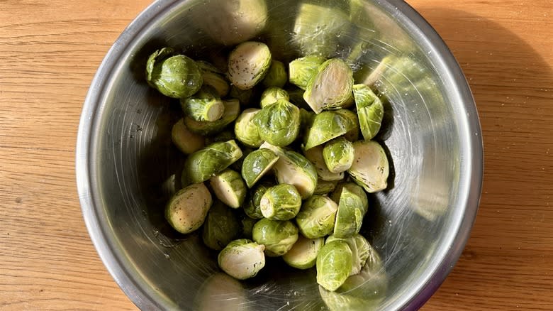halved brussels sprouts in bowl