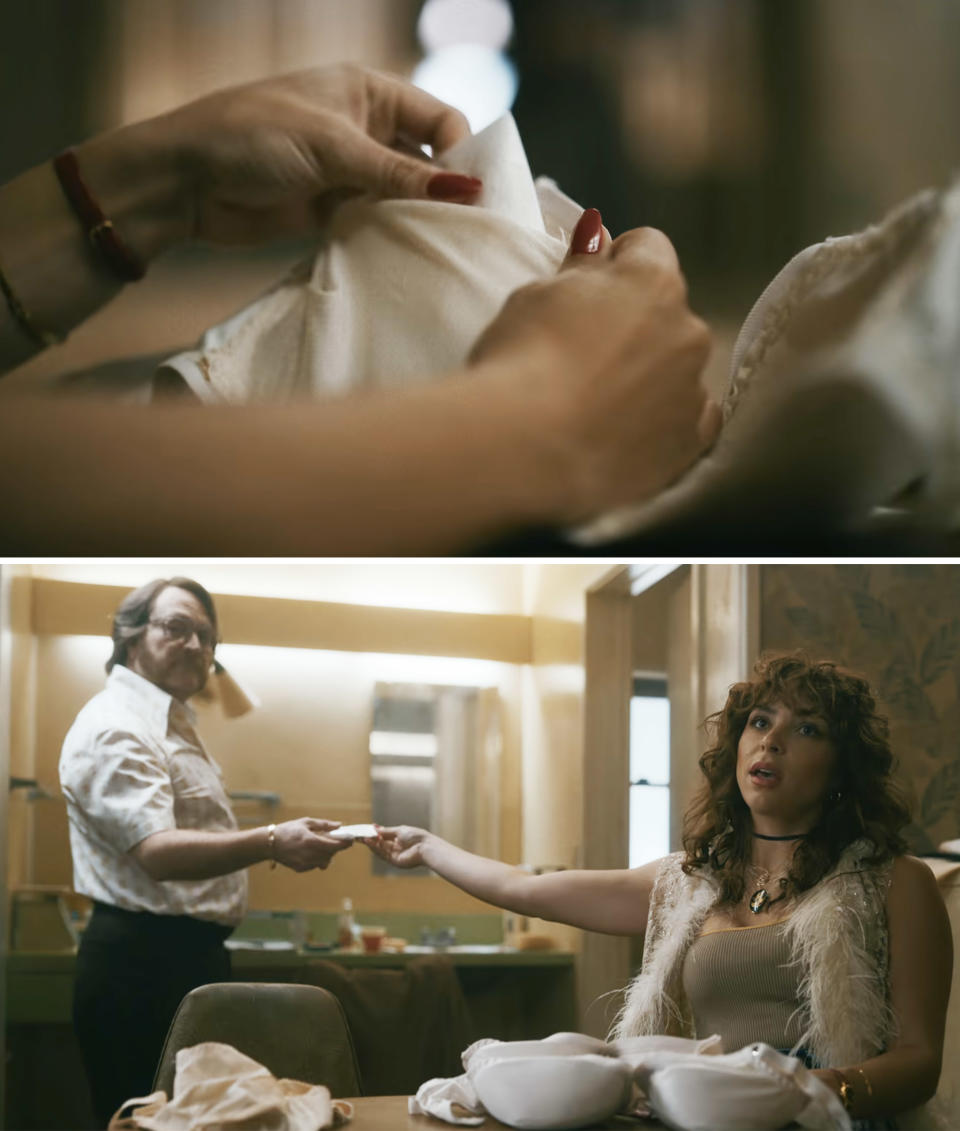 A bag of cocaine being sewn into lingerie in a scene from "Griselda"