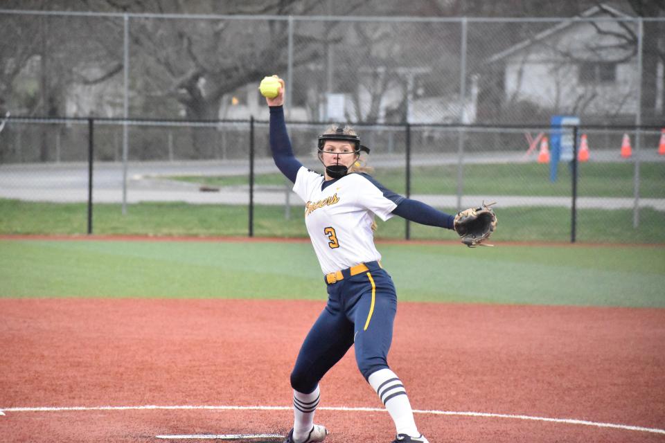 Mooresville's Alex Cooper winds up a pitch during the Pioneers' non-conference matchup with Shelbyville on March 31, 2022.