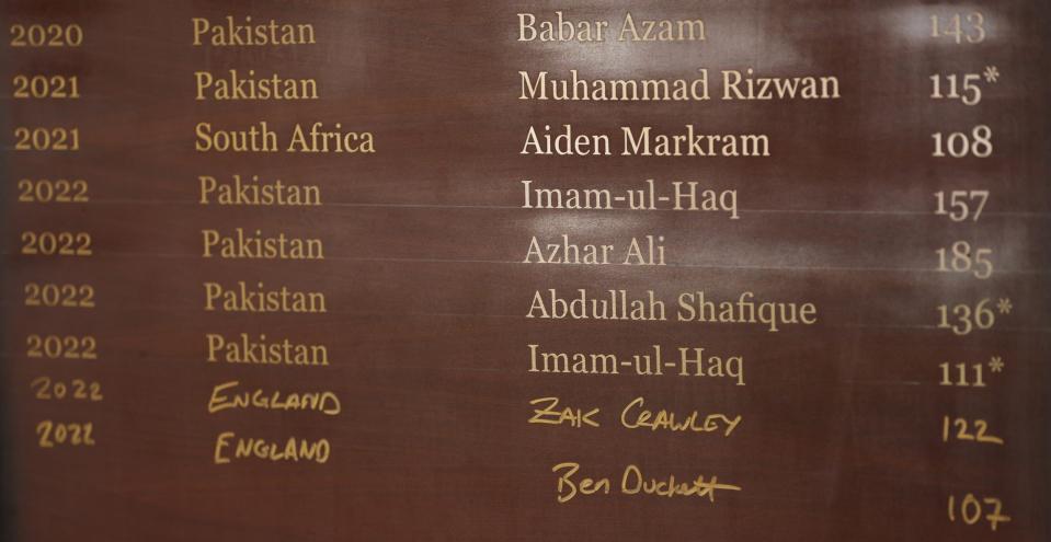 Zak Crawley of England and Ben Duckett of England's names are added to a Test Hundred board - Matthew Lewis/Getty Images