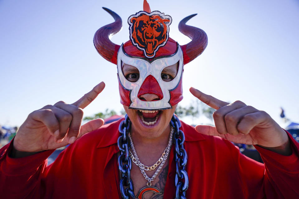 A Chicago Bears fan reacts before an NFL football game against the Los Angeles Chargers, Sunday, Oct. 29, 2023, in Inglewood, Calif. (AP Photo/Ryan Sun)