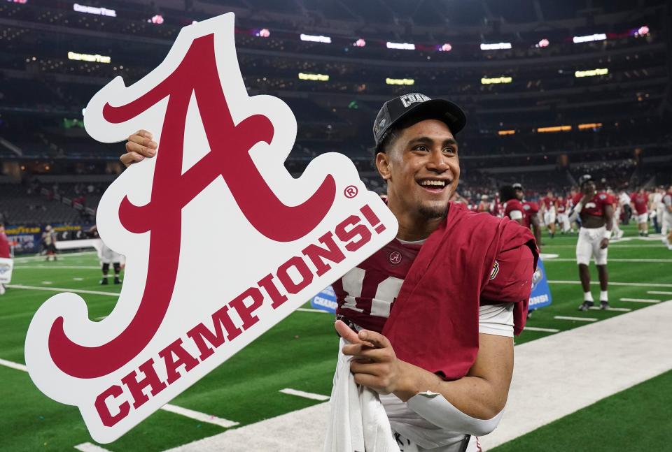 Alabama linebacker Henry To'o To'o (10) enjoys the victory after the 2021 College Football Playoff Semifinal game at the 86th Cotton Bowl in AT&T Stadium in Arlington, Texas Friday, Dec. 31, 2021. Alabama defeated Cincinnati 27-6 to advance to the national championship game. [Staff Photo/Gary Cosby Jr.]

College Football Playoffs Alabama Vs Cincinnati