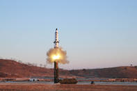 <p>A North Korean Pukguksong-2 guided missile is test fired in this undated photo. (KCNA/Reuters) </p>