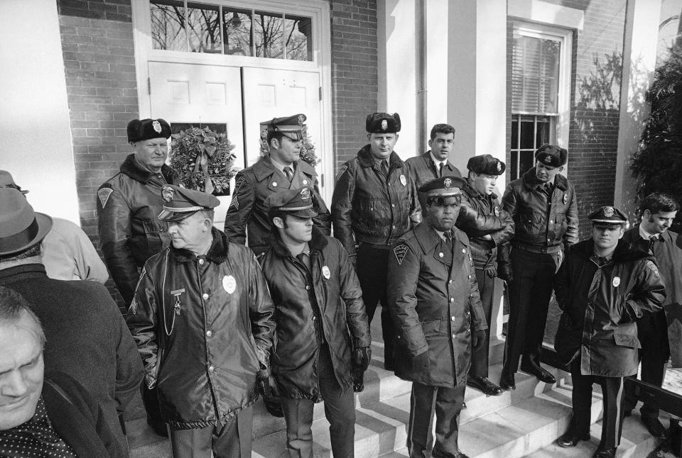 Police officers line steps of Dukes County Court House in Edgartown, Mass., Jan. 6, 1970, during inquest into the death of Mary Jo Kopechne who died in auto driven by Sen. Edward M. Kennedy when it plunged from bridge on Chappaquiddick Island and into a pond last July 18. (Photo: AP)