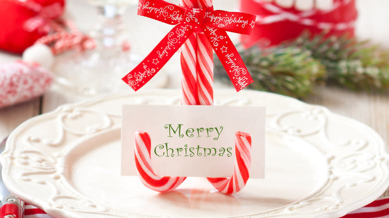 Plate of cookies with candy cane card holder