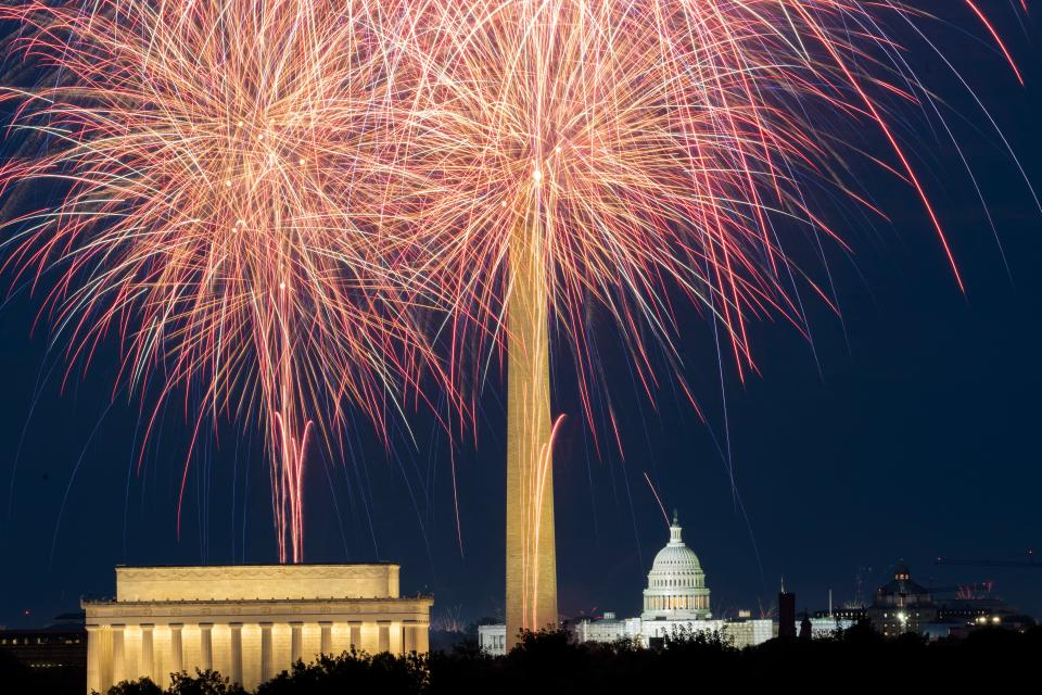 July 4, 2023: Fireworks burst on the National Mall above the Lincoln Memorial, Washington Monument, and the U.S. Capitol building during Independence Day celebrations in Washington.