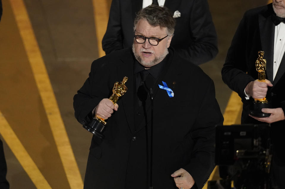Guillermo del Toro accepts the award for best animated feature film for "Guillermo del Toro's Pinocchio" at the Oscars on Sunday, March 12, 2023, at the Dolby Theatre in Los Angeles. (AP Photo/Chris Pizzello)
