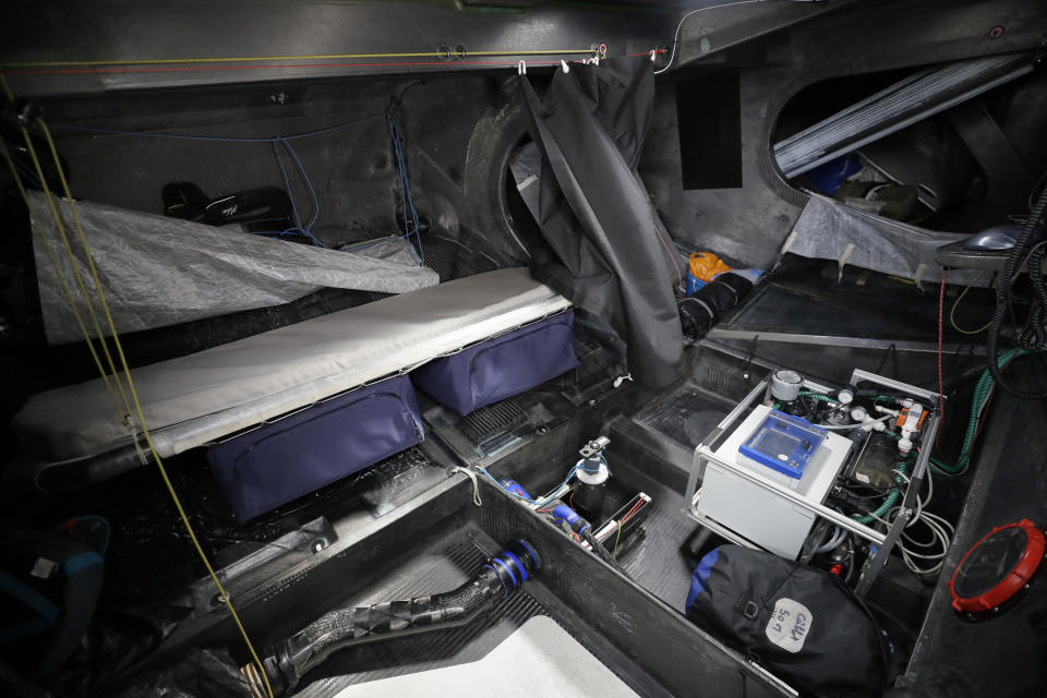 A view below deck of the boat Malizia, with a sleeping bunk shown on the left side, in Plymouth, England Tuesday, Aug. 13, 2019. Greta Thunberg, the 16-year-old climate change activist who has inspired student protests around the world, is heading to the United States this week - in a sailboat. (AP Photo/Kirsty Wigglesworth)