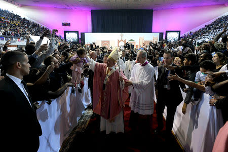 Pope Francis holds a mass at Prince Moulay Abdellah sports complex in Rabat, Morocco, March 31, 2019. Vatican Media/Handout via REUTERS