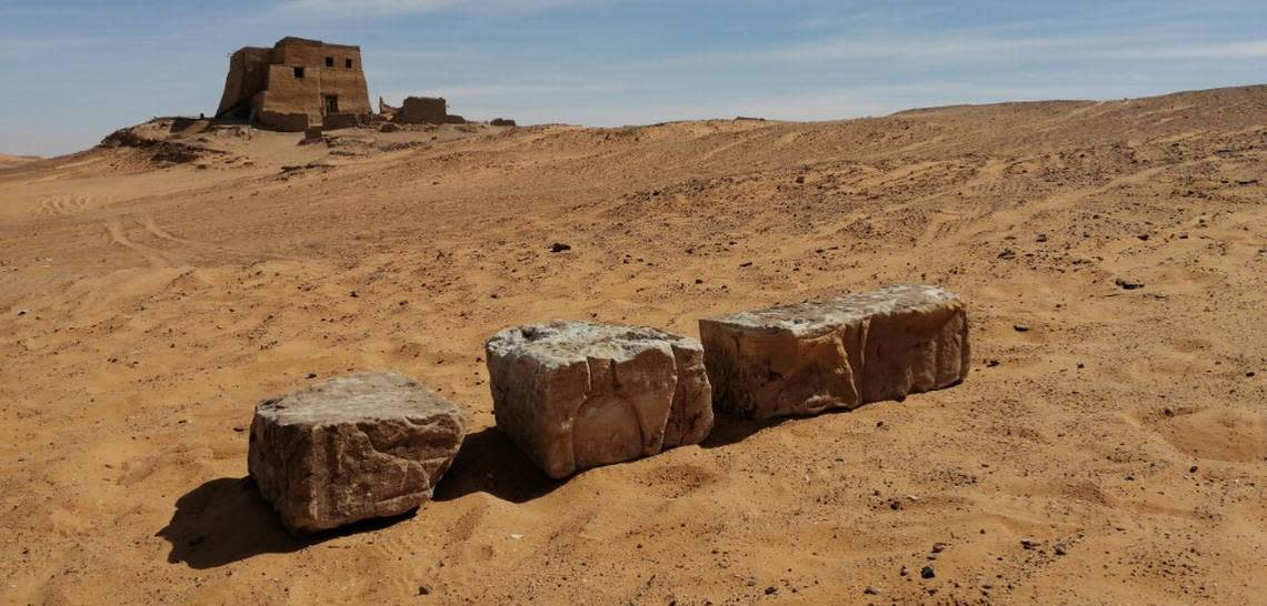 The stone blocks with Egyptian hieroglyphics.