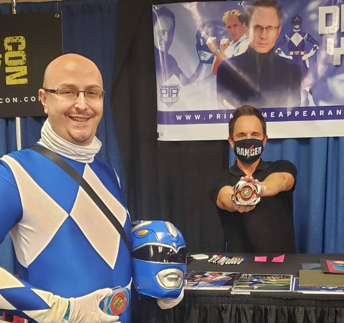 Power Ranger fan Dannie Stiles poses with original Blue Ranger David Yost at a fan convention