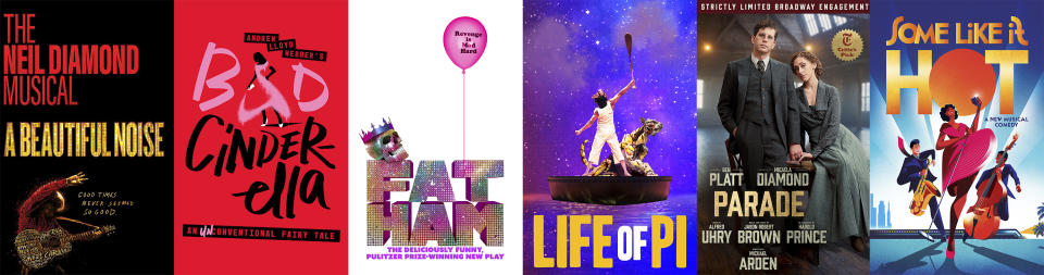 Esta combinación de fotografías muestra el arte promocional de "A Beautiful Noise, The Neil Diamond Musical", de izquierda a derecha, "Bad Cinderella", "Fat Ham", "Life of Pi", "Parade" y "Some Like it Hot". (DKC O+M/DKC O+M/Polk & Co./Polk & Co./DKC O+M/Polk & Co. vía AP)