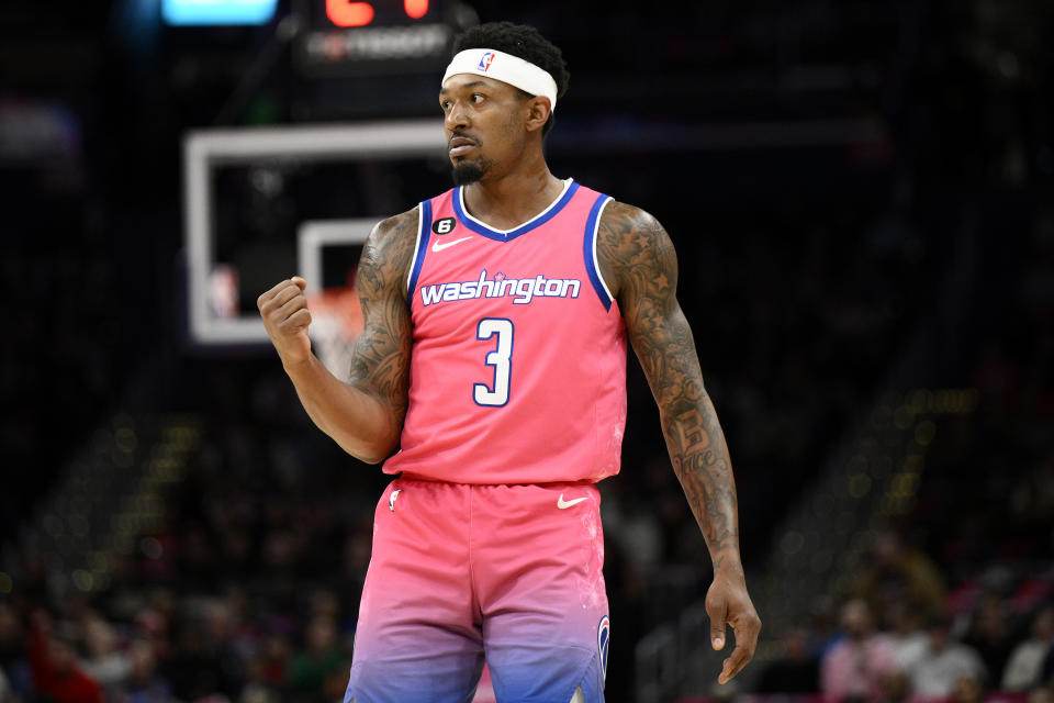 Washington Wizards guard Bradley Beal (3) reacts after he made a 3-point basket during the first half of an NBA basketball game against the Toronto Raptors, Thursday, March 2, 2023, in Washington. (AP Photo/Nick Wass)