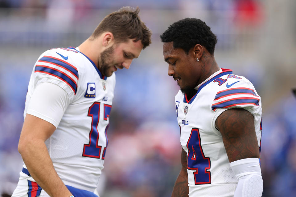 BALTIMORE, MARYLAND - OCTOBER 02: Quarterback Josh Allen #17 of the Buffalo Bills and wide receiver Stefon Diggs #14 of the Buffalo Bills look on together before playing against the Baltimore Ravens at M&T Bank Stadium on October 02, 2022 in Baltimore, Maryland. (Photo by Patrick Smith/Getty Images)