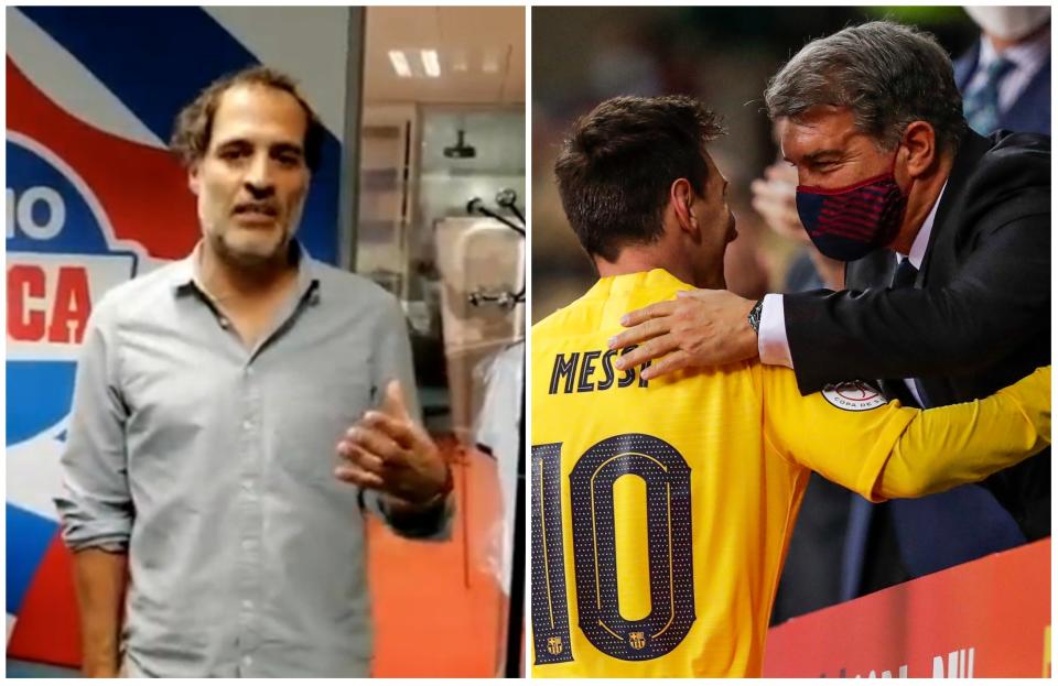 El periodista David Sánchez y Lionel Messi abrazando a Joan Laporta cuando el argentino era jugador del Barcelona. (Foto: Marca / David S. Bustamante / Soccrates / Getty Images).