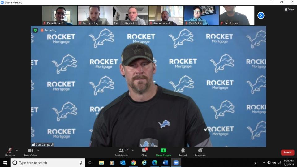 Detroit Lions coach Dan Campbell speaks with reporters Tuesday, March 2, 2021.