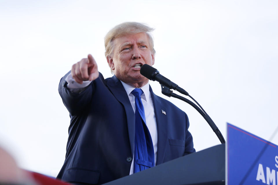 FILE - Former President Donald Trump speaks at a rally at the Delaware County Fairgrounds, Saturday, April 23, 2022, in Delaware, Ohio, to endorse Republican candidates ahead of the Ohio primary on May 3. Trump's post-presidency enters a new phase this month as voters across the U.S. begin weighing the candidates he elevated to pursue a vision of a Republican Party steeped in hardline populism, culture wars and denial of his loss in the 2020 campaign. (AP Photo/Joe Maiorana, File)