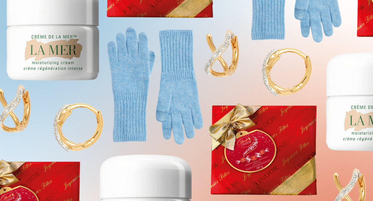 la mer face cream, blue cashmere gloves, gold and diamond earrings, lindt chocolate box collage