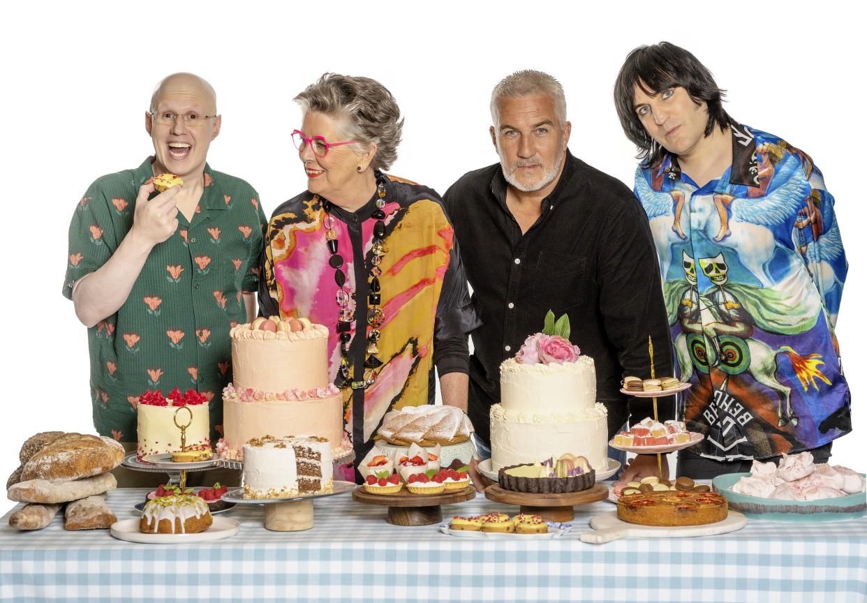 from l to r: Matt Lucas, Prue Leith, Paul Hollywood and Noel Fielding are the hosts of The Great British Baking Show. (Photo: Mark Bourdillon/Netflix)