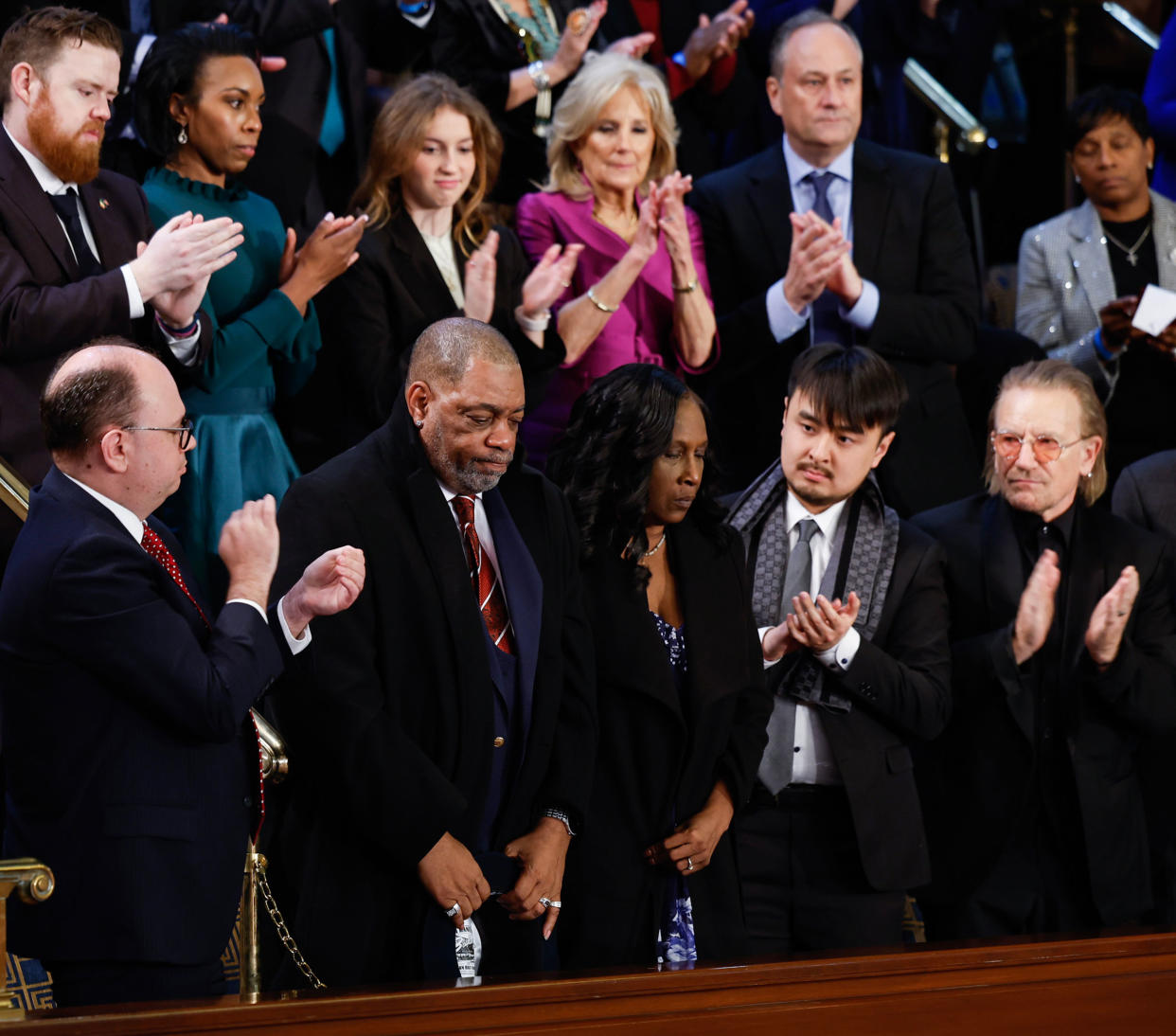 Rodney Wells and RowVaughn Wells, parents of Tyre Nichols, are applauded during U.S. President Joe Biden’s State of the Union