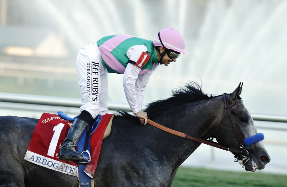 FILE - In this Jan. 28, 2017, file photo, jockey Mike Smith stands up in the saddle after riding Arrogate to win the inaugural running of the $12 million Pegasus World Cup horse race at Gulfstream Park in Hallandale Beach, Fla. Arrogate, winner of the 2016 Breeders’ Cup Classic and the champion 3-year-old male that year on his way to becoming North America’s all-time leading money earner, has died. He was seven. Juddmonte Farms said Arrogate was euthanized Tuesday, June 2, 2020, after becoming ill.(AP Photo/Lynne Sladky, File)