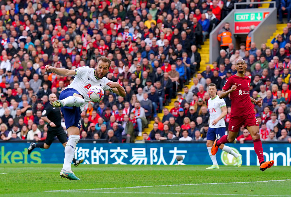 Tottenham Hotspur's Harry Kane scores against Liverpool during their English Premier League clash.