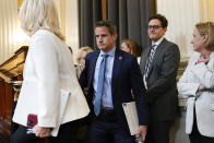 Vice Chair Liz Cheney, R-Wyo., left, and Rep. Adam Kinzinger, R-Ill., arrive as the House select committee investigating the Jan. 6 attack on the U.S. Capitol continues to reveal its findings of a year-long investigation, at the Capitol in Washington, Thursday, June 23, 2022. (AP Photo/J. Scott Applewhite)