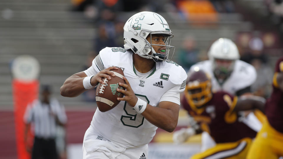 FILE - In a Saturday, Oct. 5, 2019 file photo, Eastern Michigan quarterback Mike Glass III looks to throw against Central Michigan during an NCAA football game in Mount Pleasant, Mich. Pittsburgh and Eastern Michigan will meet in the Quick Lane Bowl, on Dec. 26, 2019, hoping to end postseason droughts. (AP Photo/Al Goldis, File)