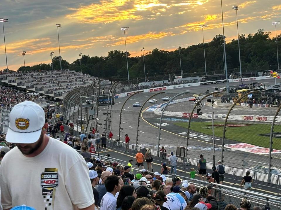 The sun sets during the NASCAR Cook Out 400 race at the Richmond Raceway on August 11, 2024.