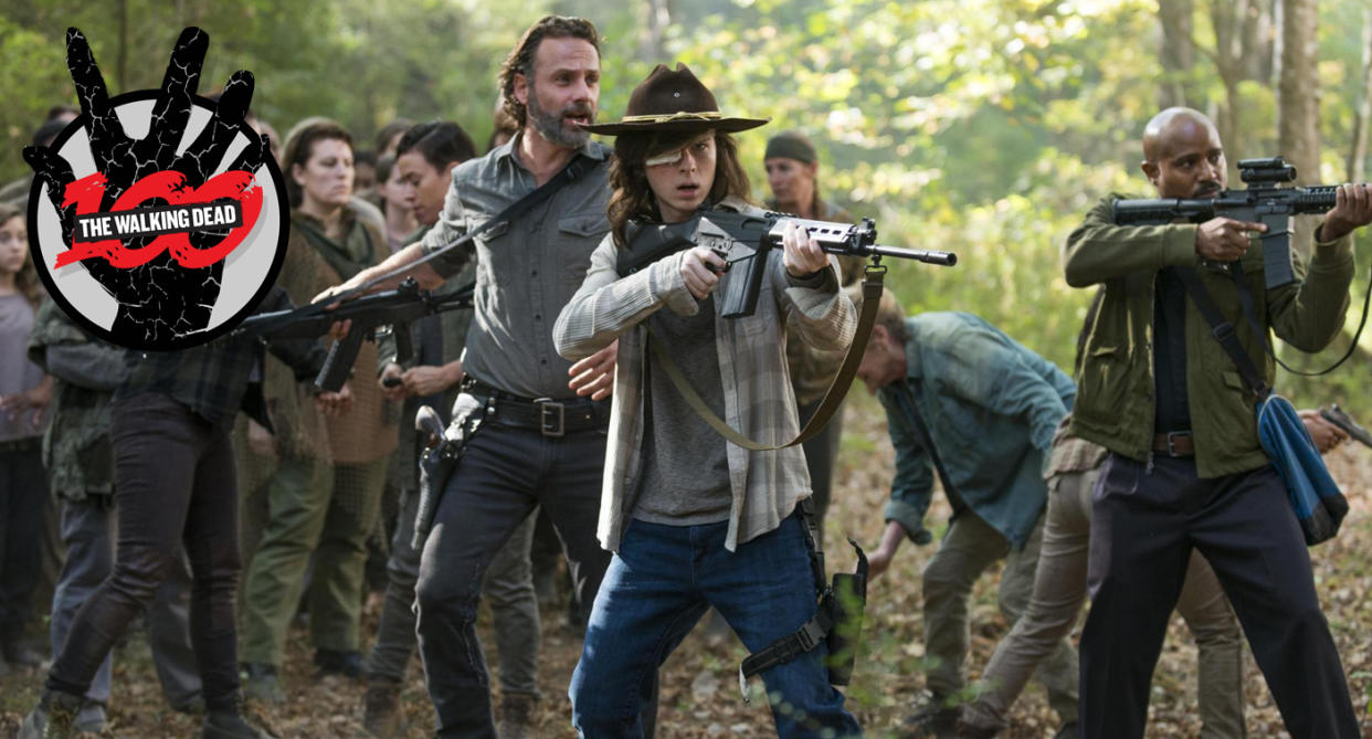 Andrew Lincoln as Rick, Chandler Riggs as Carl, and Seth Gilliam as Gabriel in <em>The Walking Dead</em>. (Photo: AMC)