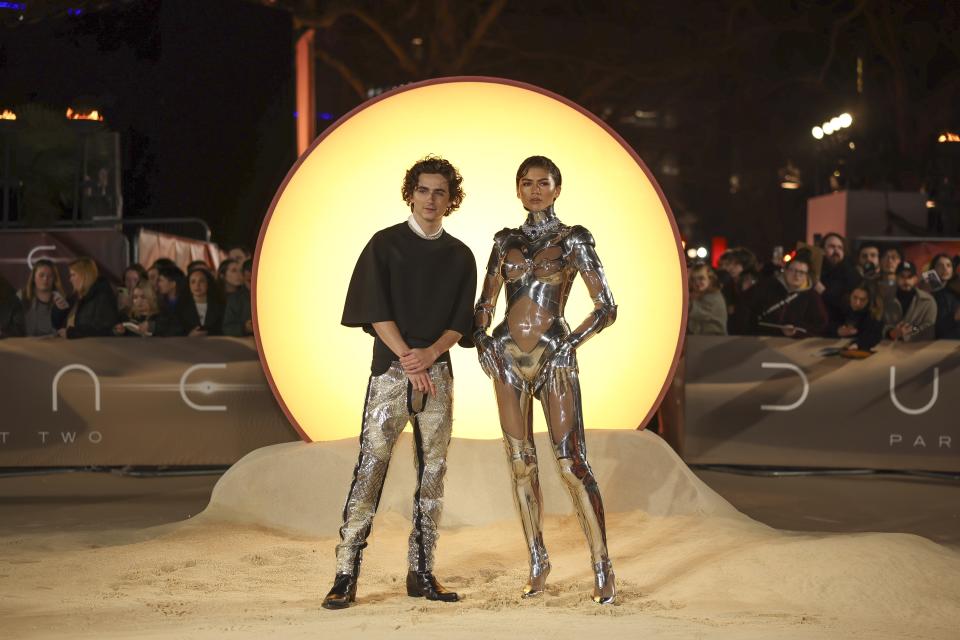 Timothee Chalamet, left, and Zendaya pose for photographers upon arrival at the World premiere of the film 'Dune: Part Two' on Thursday, Feb. 15, 2024 in London. (Photo by Vianney Le Caer/Invision/AP)