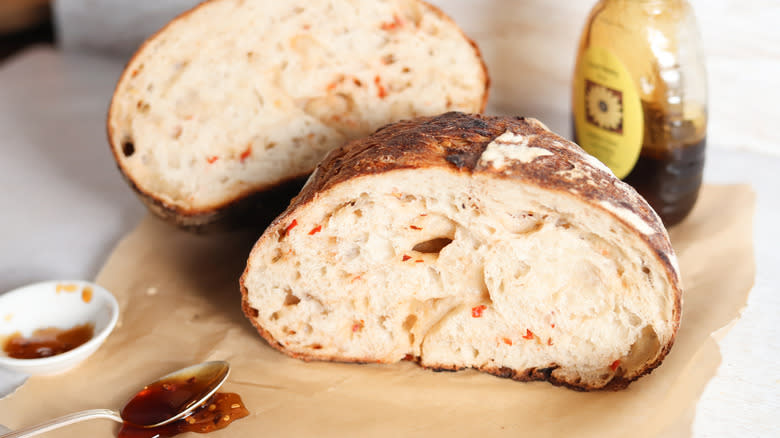 hot honey sourdough on parchment paper