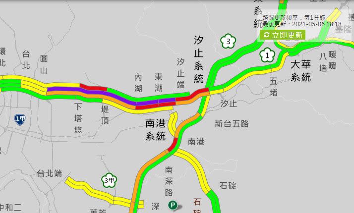 快新聞／貨車橫躺國1南下21K內側車道　「內湖-圓山段紫爆」時速18公里