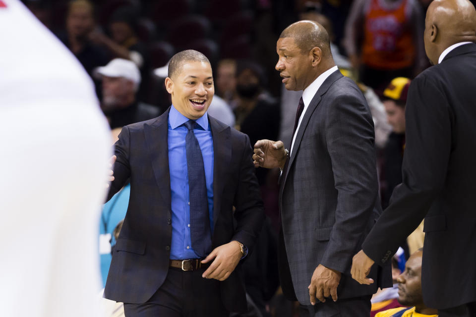 CLEVELAND, OH - DECEMBER 01: Head coach Tyronn Lue of the Cleveland Cavaliers talks to head coach Doc Rivers of the LA Clippers during the second half at Quicken Loans Arena on December 1, 2016 in Cleveland, Ohio. The Clippers defeated the Cavaliers 113-94. NOTE TO USER: User expressly acknowledges and agrees that, by downloading and/or using this photograph, user is consenting to the terms and conditions of the Getty Images License Agreement. Mandatory copyright notice. (Photo by Jason Miller/Getty Images)