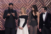 Troy Kotsur, from left, Marlee Matlin, Emilia Jones, and Daniel Durant (and 3 asl interpreters) introduce a clip from their film "Coda" at the 28th annual Screen Actors Guild Awards at the Barker Hangar on Sunday, Feb. 27, 2022, in Santa Monica, Calif. (AP Photo/Chris Pizzello)