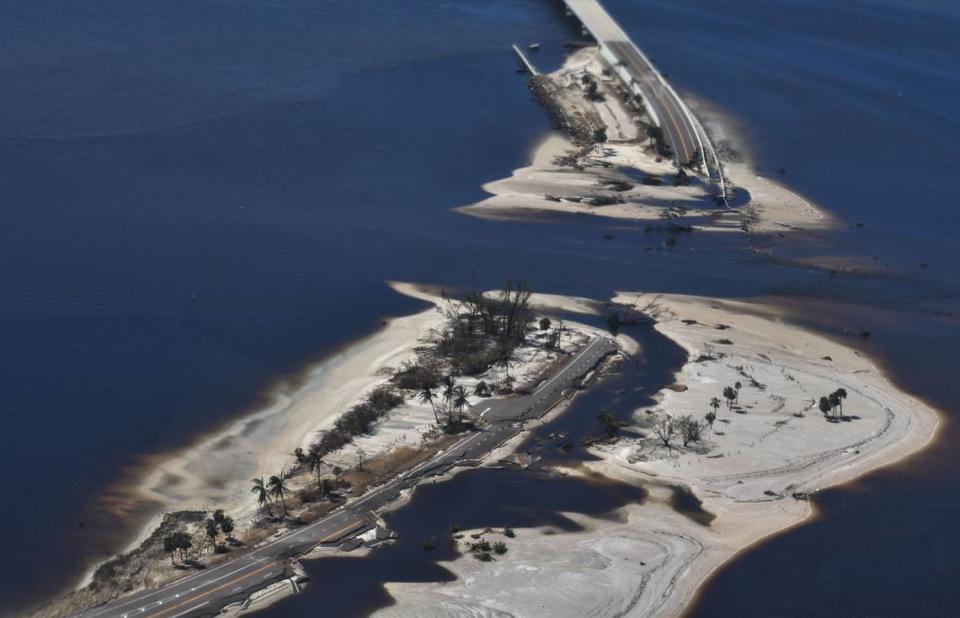 Part of the collapsed Sanibel Causeway from aerial view during a Coast Guard flight after Hurricane Ian on Sunday, Oct. 2, 2022.