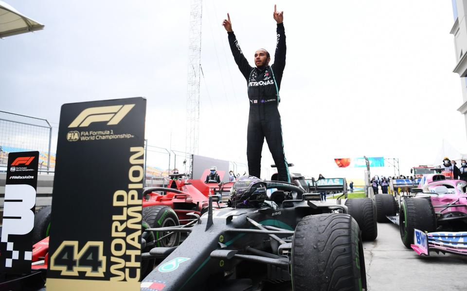 Lewis Hamilton celebrates winning a seventh FIA Formula One World Championship after the Grand Prix of Turkey in November - Clive Mason/Getty Images Europe