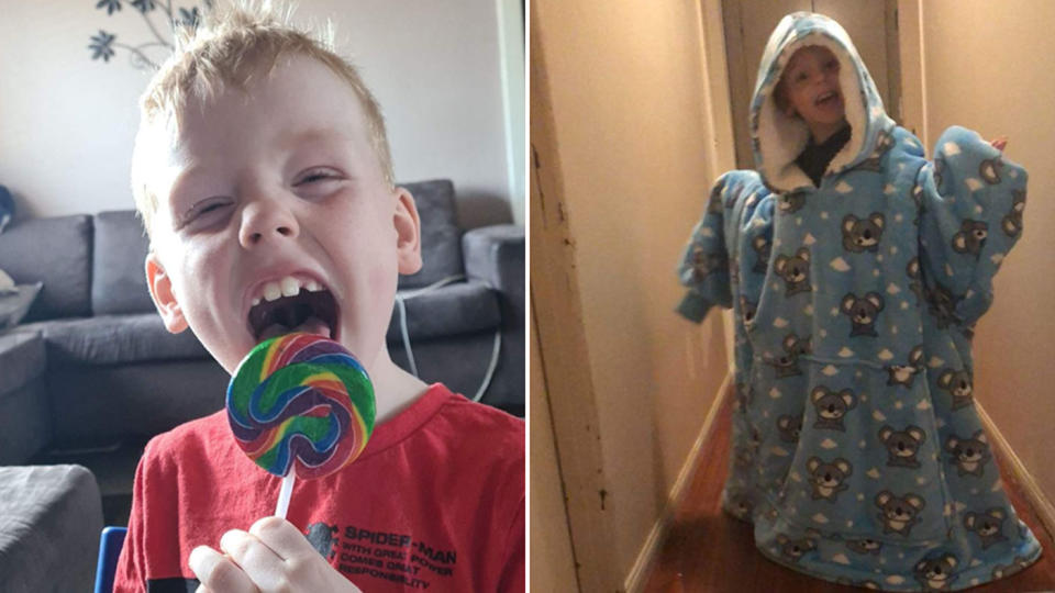 Deklan Babington-MacDonald shown eating a lollypop and wearing pyjamas.