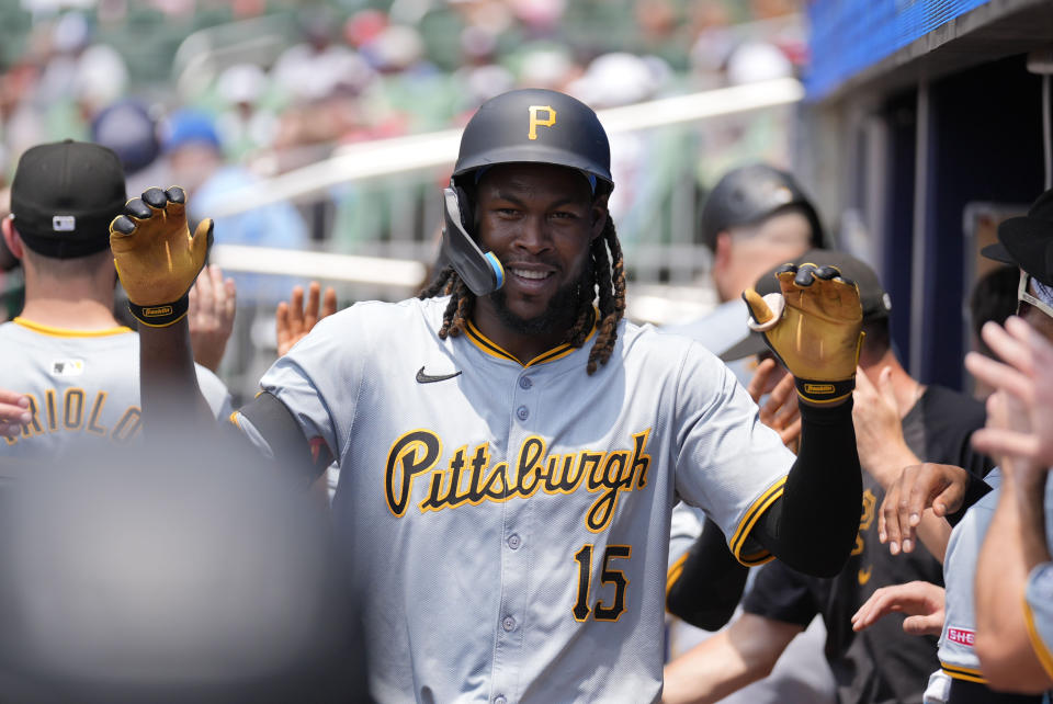 in the first inning of a baseball game against the Sunday, June 30, 2024, in Atlanta. (AP Photo/Brynn Anderson)