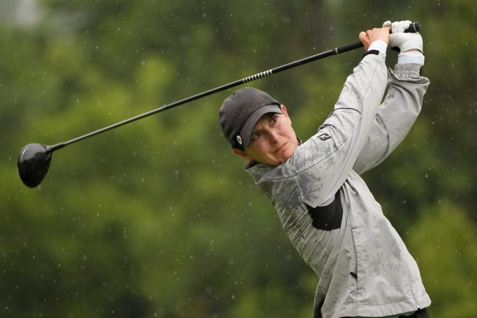 Lindy Duncan drives off the fifth tee during the third round of the Dana Open golf tournament at Highland Meadows Golf Club, Saturday, July 15, 2023, in Sylvania, Ohio. (AP Photo/Carlos Osorio)
