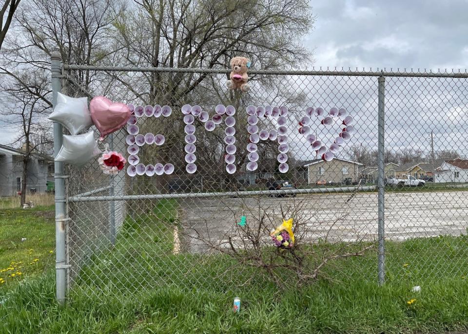 Mourners created a memorial spelling out "Ema" near the site where 14-year-old Ema Cardenas was struck by a vehicle and killed on Thursday, April 28, 2022. The hit-and-run accident happened around 3:45 p.m. in the 1600 block of East University Avenue as Cardenas was walking home from school at Des Moines East.