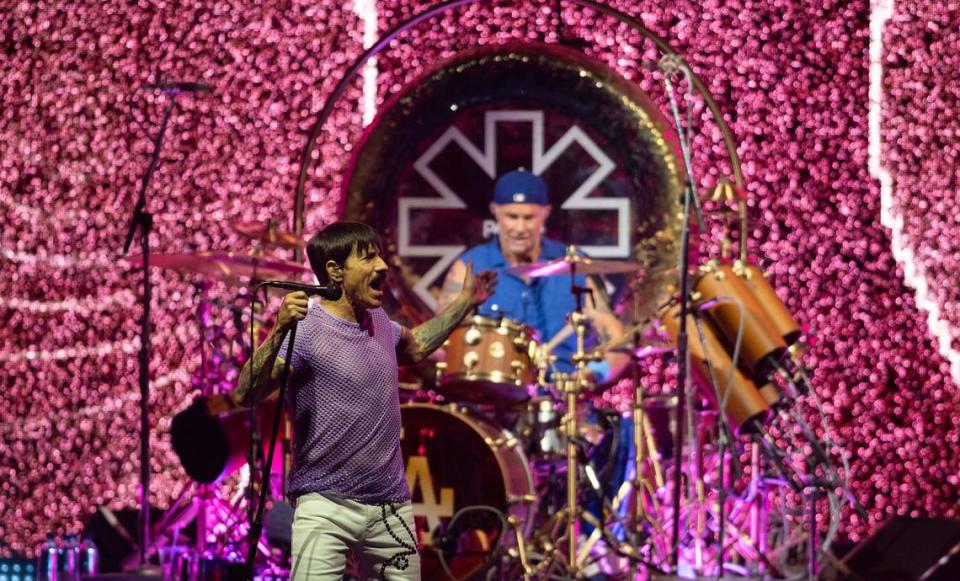 Red Hot Chili Peppers lead singer Anthony Kiedis performs with drummer Chad Smith at the Toyota Amphitheatre near Wheatland on Sunday, June 2, 2024.