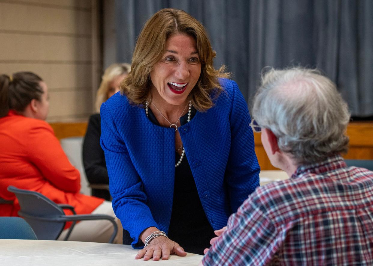 Former Lt. Gov. Karyn Polito talks with Donald Gross before a ceremony at the Worcester Jewish Community Center Wednesday. The Jewish Federation of Central Massachusetts awarded Polito the Righteous Gentile Humanitarian Award.