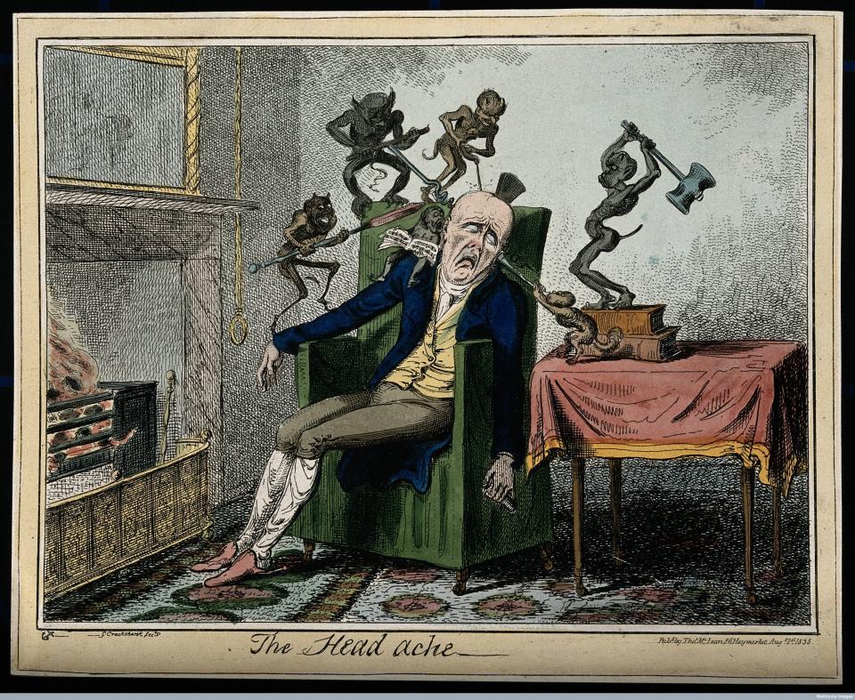 A man suffering from headache in the form of devils. Colored etching, 1835, by Frederick Marryat after George Cruikshank.