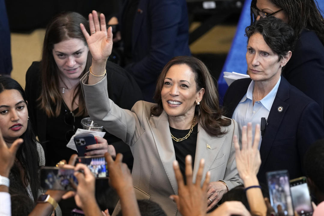 Democratic presidential nominee Vice President Kamala Harris greets attendees after speaking about the administration's efforts to lower prescription drug costs during an event at Prince George's Community College in Largo, Md., Thursday, Aug. 15, 2024. (AP Photo/Susan Walsh)